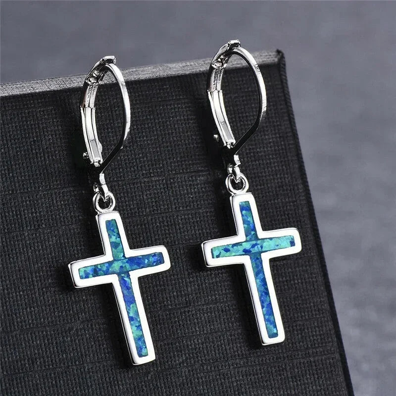 Blue Simulated Opal Cross Dangle Earrings | Silver-Plated Dangle Earrings Nixie