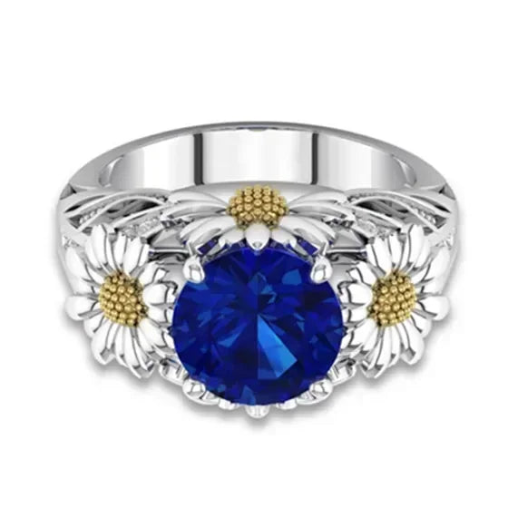 Silver-Plated Daisy Ring – Blue Zircon & Orange, Sizes 6–10 Fashion Ring Nixie