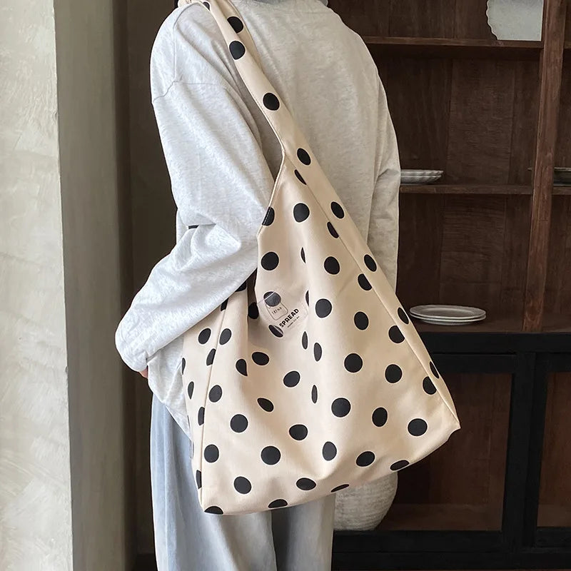 Korean Polka Dot Canvas Tote Bag – Large Women's Shoulder Bag Canvas Tote Bag Nixie