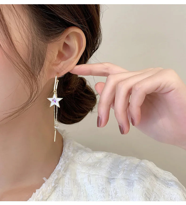 Pentagram Tassel Asymmetrical Drop Earrings – Gold Plated