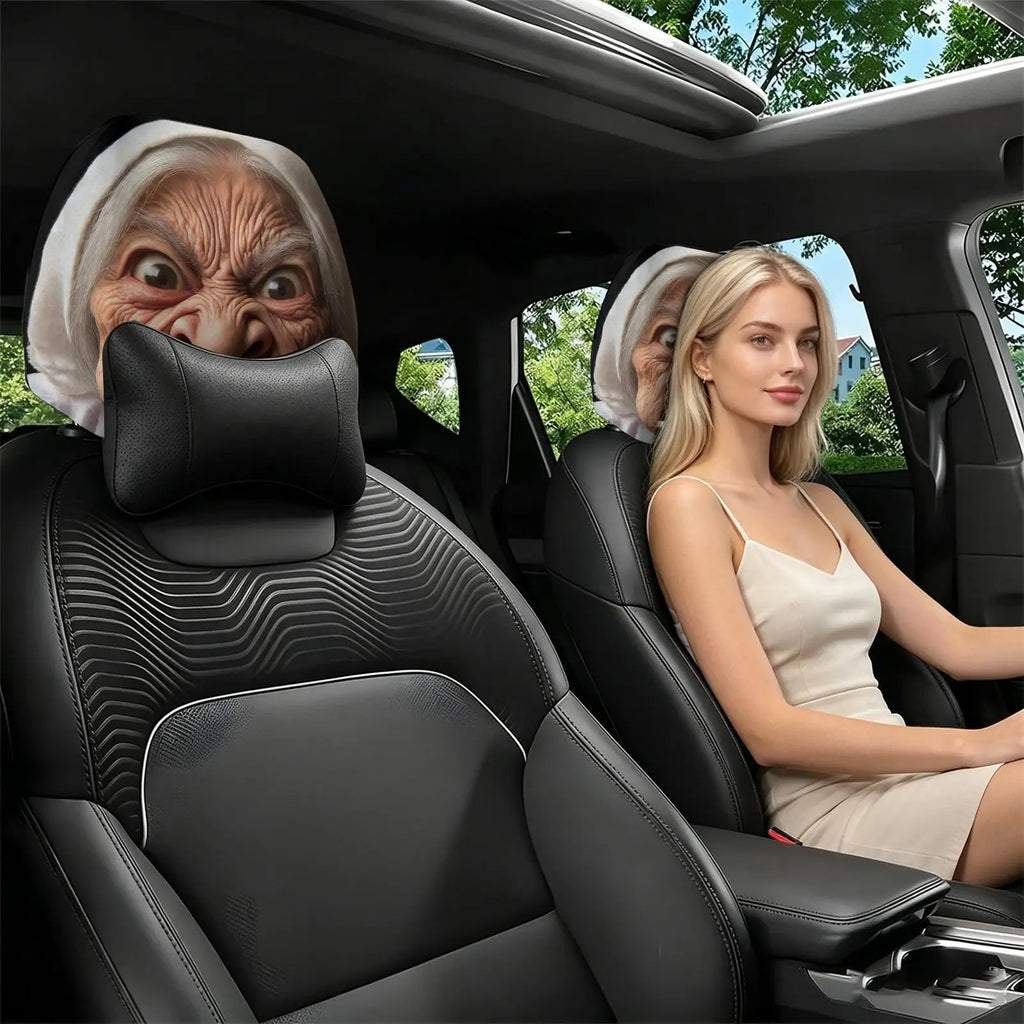 Funny Granny Face Car Headrest Covers 2Pcs – Universal Fit
