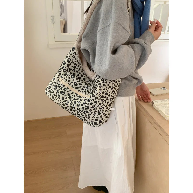 Nixie Plush Leopard Print Tote Bag – Large Crossbody Bucket Bag Plush Shoulder Tote Bag Nixie