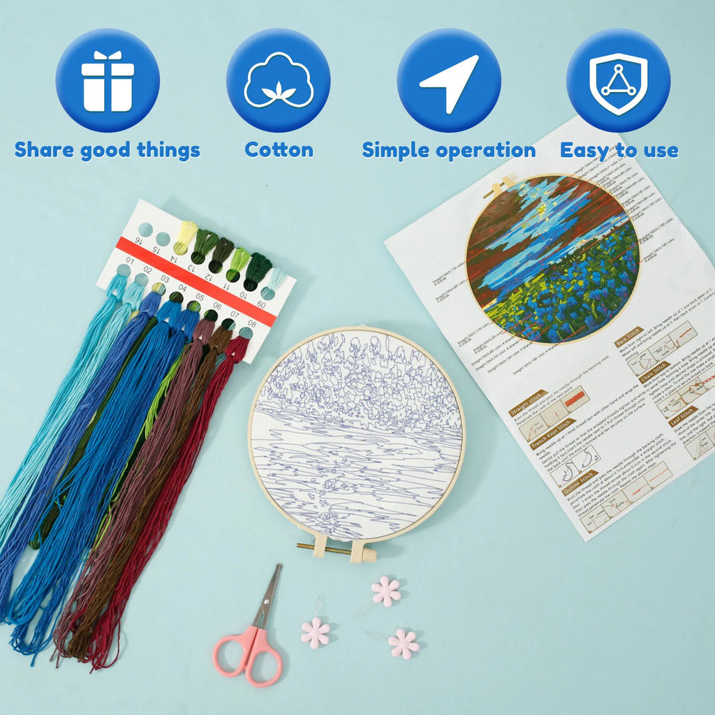 4-Piece Embroidery Starter Kit – Stamped Pattern & Hoop Set Embroidery Starter Kit Nixie