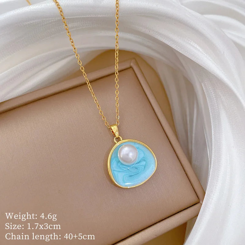 Imitation Pearl Blue Pendant Necklace – Gold-Plated Steel Pendant Necklace Nixie XL2606-343