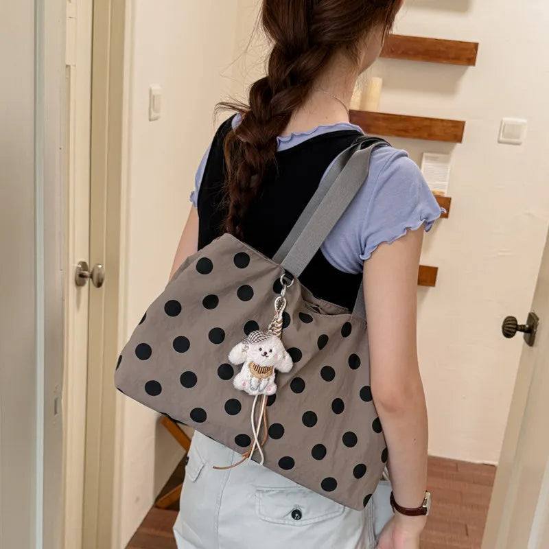 Korean Retro Polka Dot Tote Bag – Waterproof Nylon Shoulder Bag Tote Shoulder Bag Nixie Brown