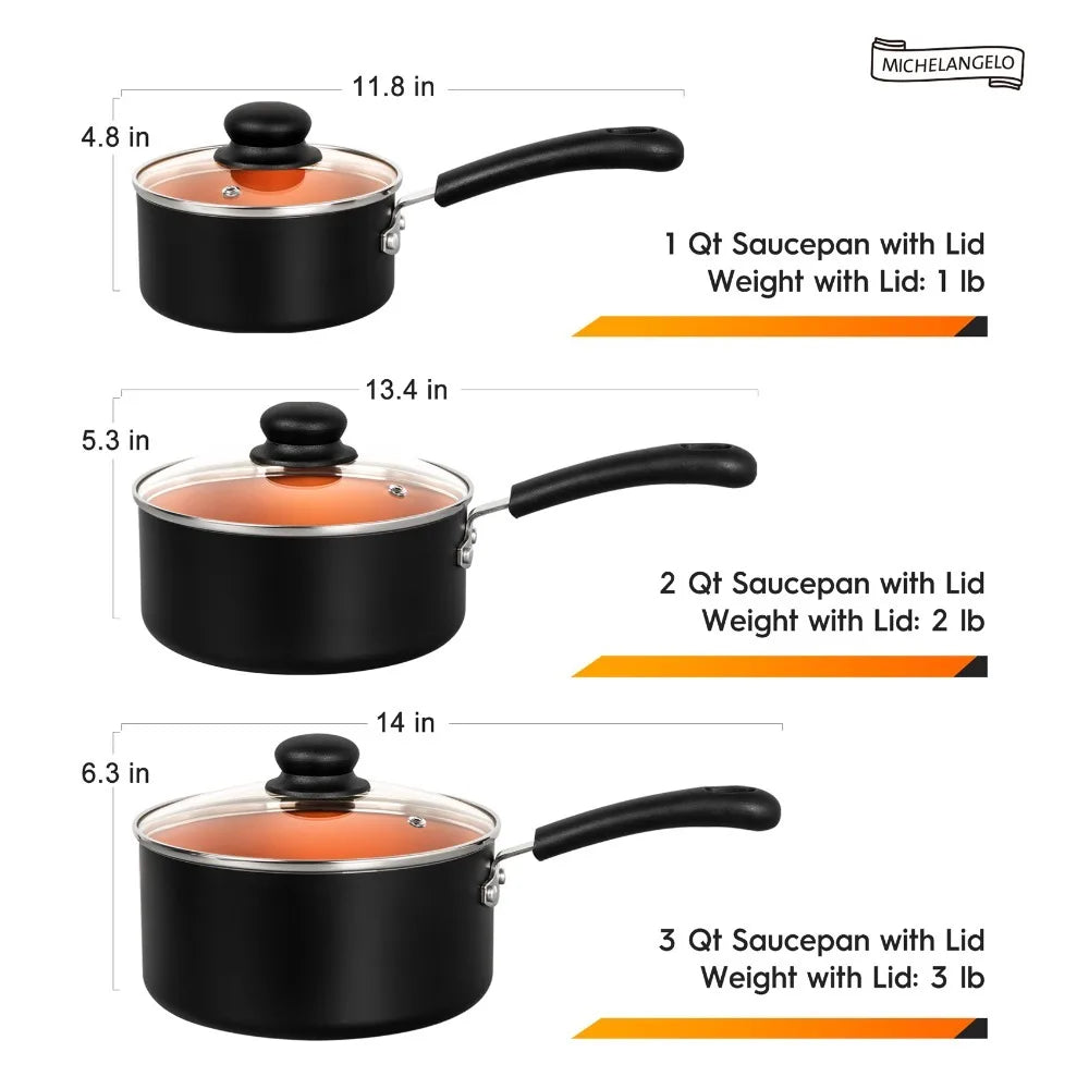 MICHELANGELO 3-Pc Nonstick Ceramic Saucepan Set 1QT 2QT 3QT Nonstick Saucepan Set Nixie