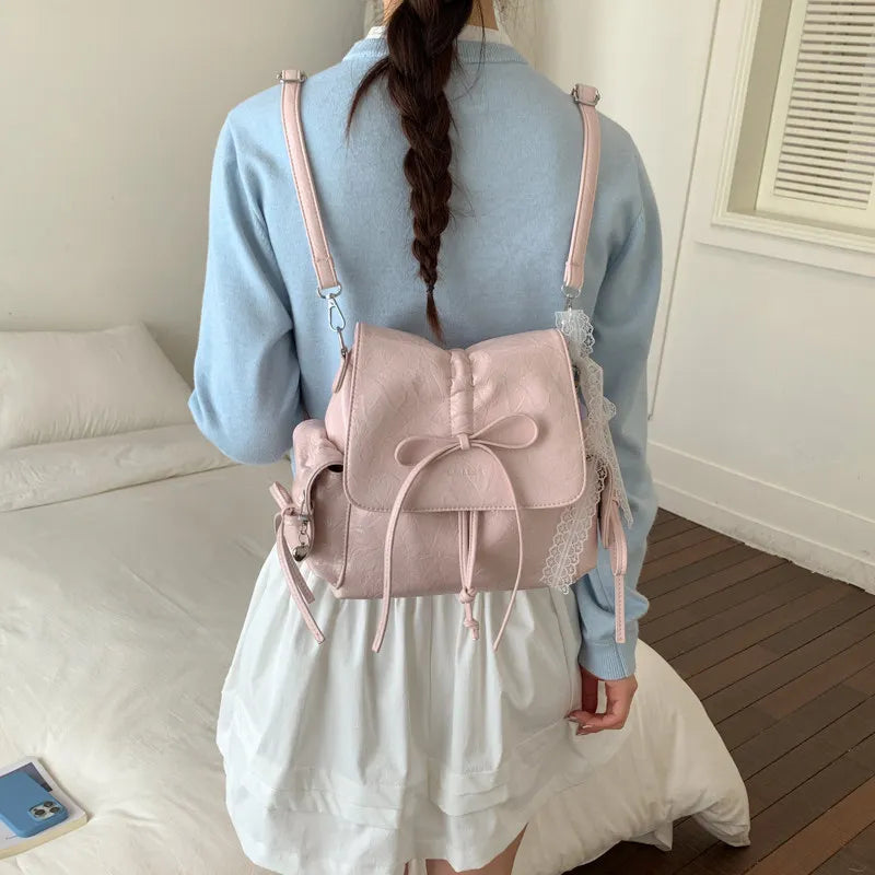 Women's Bow-Tie PU Crossbody Backpack | Multi-Wear Korean Style Crossbody Backpack Nixie Pink (No Charm)