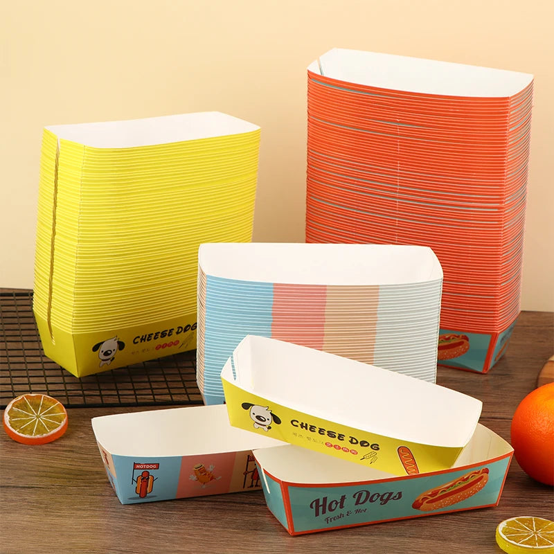 100pcs No-Fold Hot Dog Paper Boxes – Disposable Food Trays Disposable Food Tray Nixie