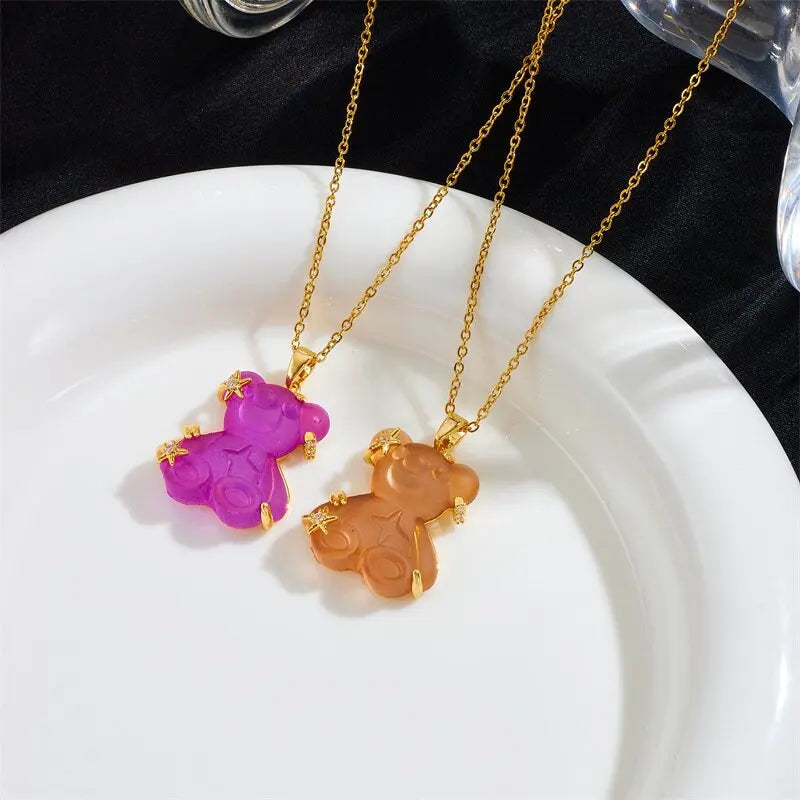 Candy Bear Resin Copper Pendant Necklace | Gold Chain