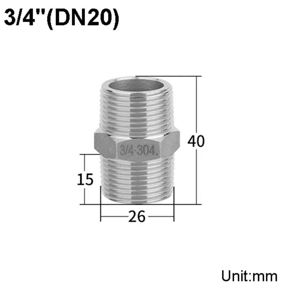 304 Stainless Steel Male Thread Hex Nipple Pipe Fitting 1/8"–1" Pipe Fitting Connector Nixie 3-4-