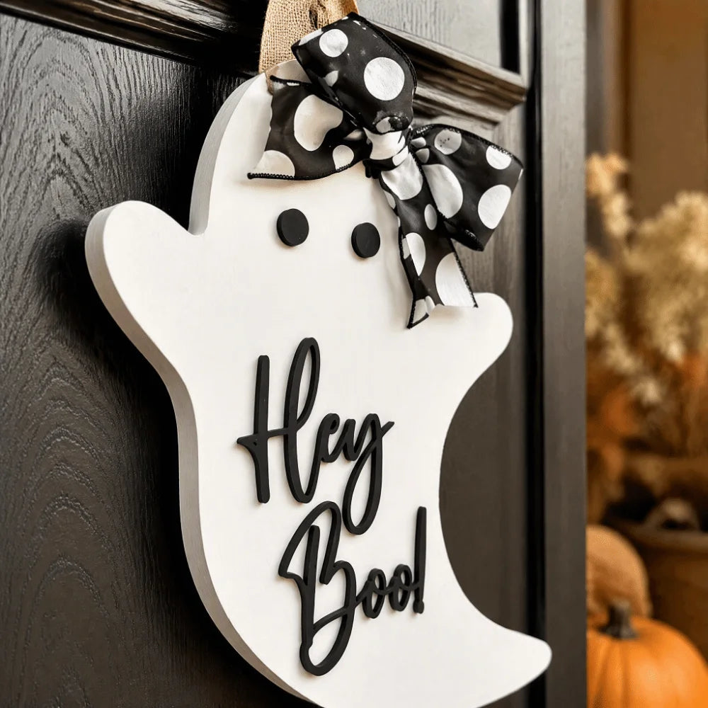 Halloween Ghost Door Hanger with Bow – Wooden Sign Décor