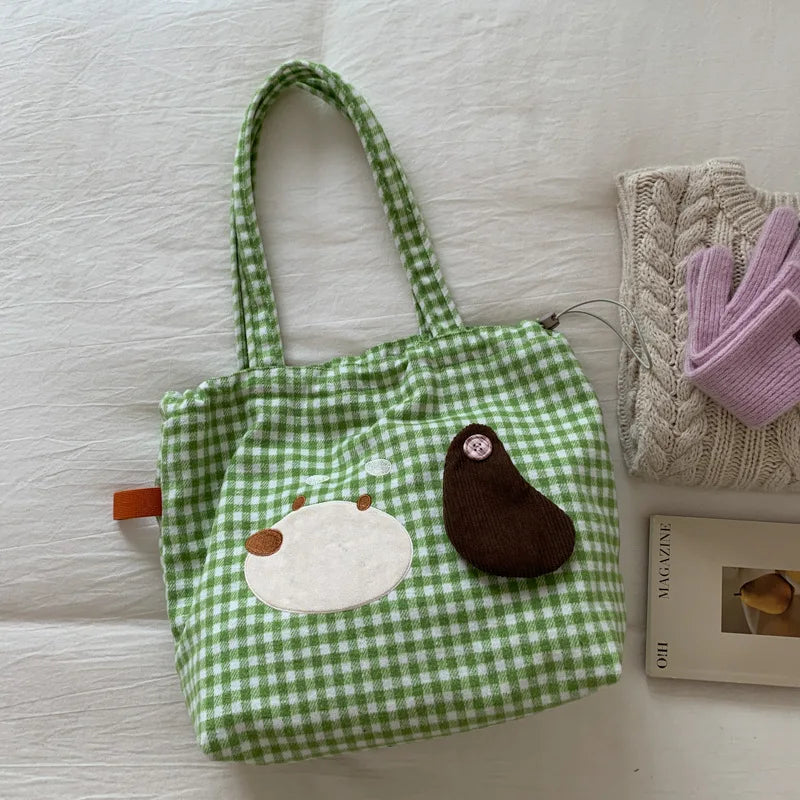 Cute Cartoon Plaid Tote Bag – Large Shoulder Bag for Women Shoulder Tote Bag Nixie BB-629-Coffee Extra Large