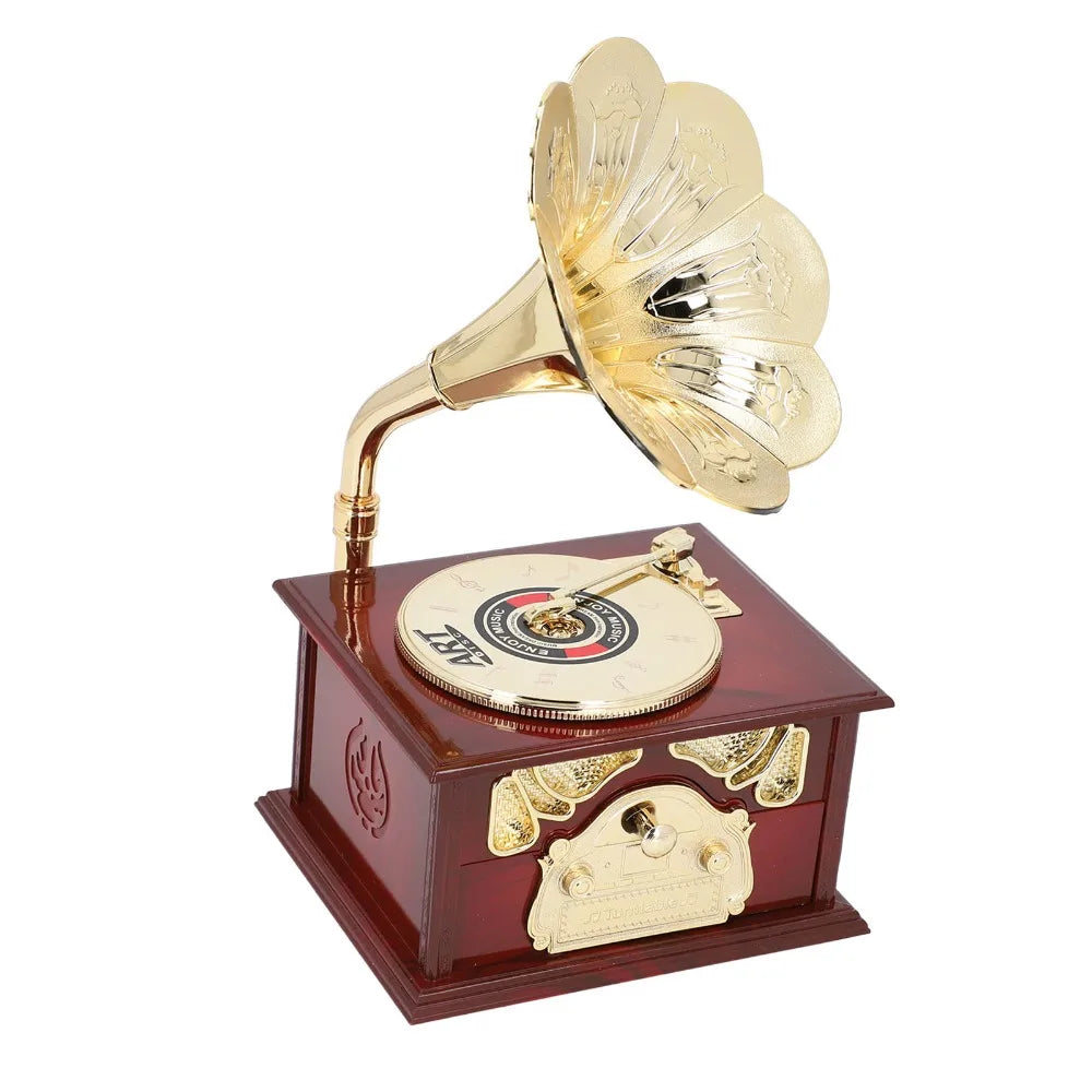 Retro Clockwork Gramophone Music Box – Vintage Phonograph Figurine Decorative Music Box Nixie