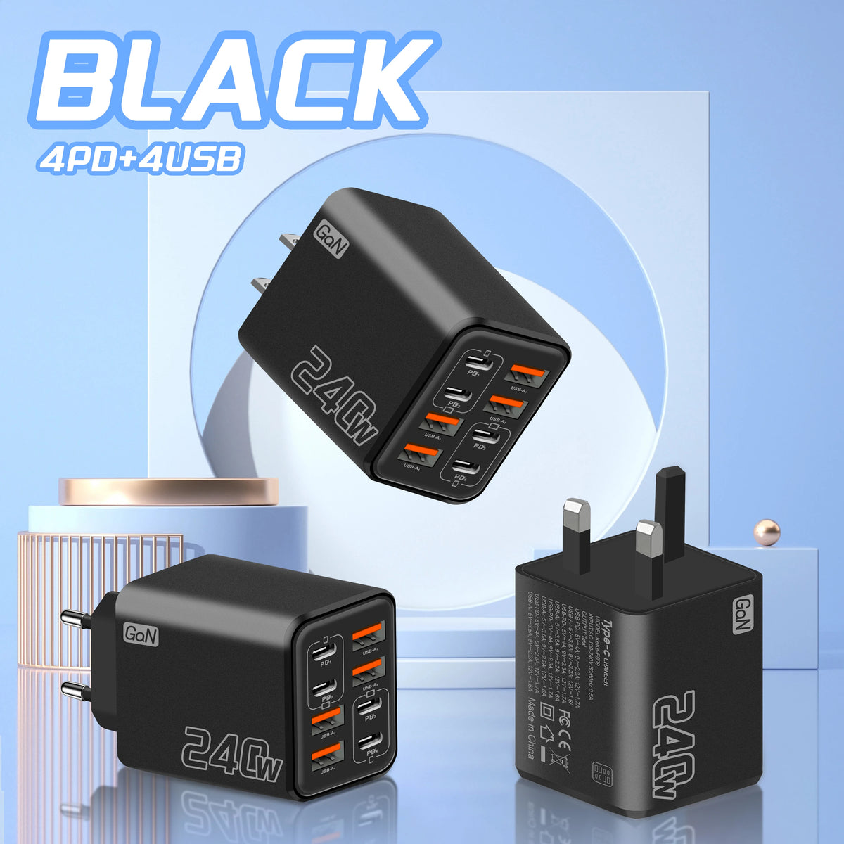 240W GaN 8-in-1 USB-C Fast Charger – EU/US/UK Plug Adapter USB-C GaN Charger Nixie