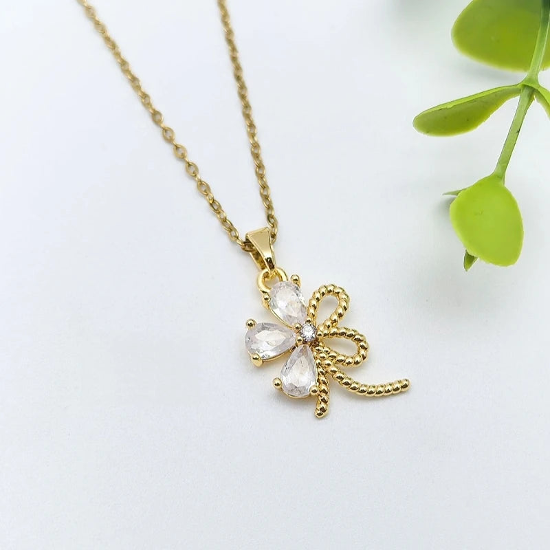 Floral Copper Pendant Necklace | Gold Zircon Collarbone Chain Pendant Necklace Nixie