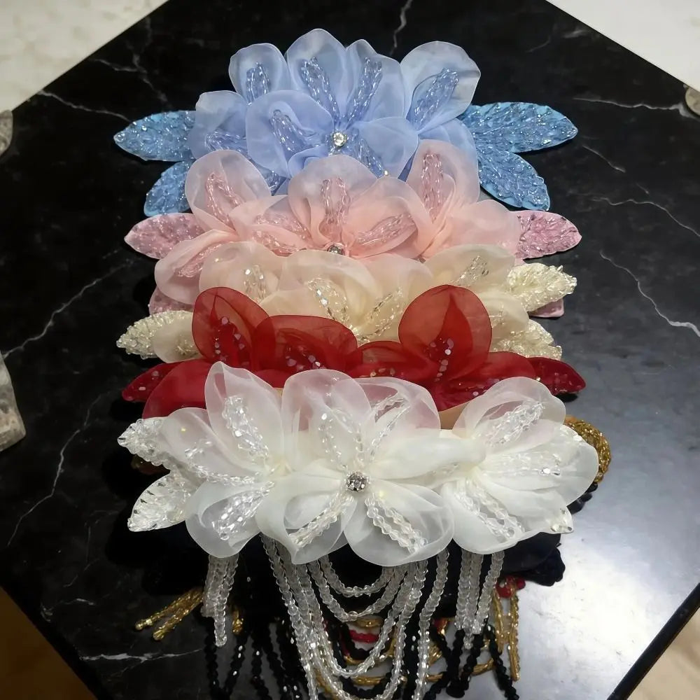 Handmade Fabric Flower Brooch with Tassels, Beads & Rhinestones Fabric Flower Brooch Nixie