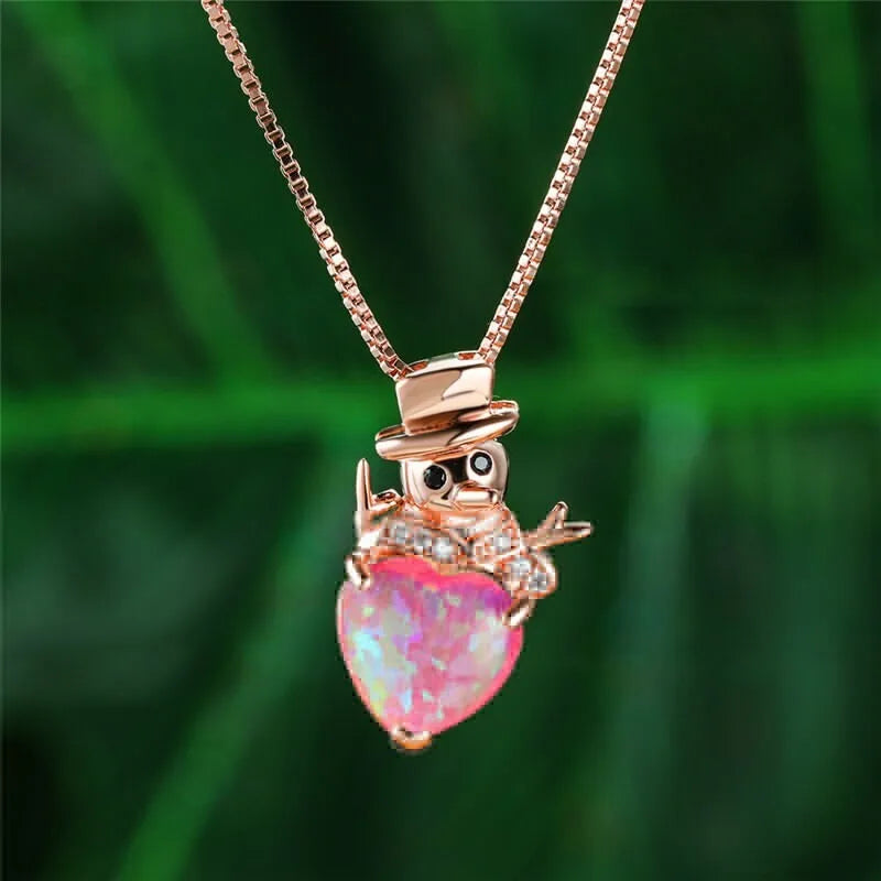 Heart Snowman Pendant Necklace – Pink Simulated Opal Charm Pendant Necklace Nixie Light Yellow Gold Color