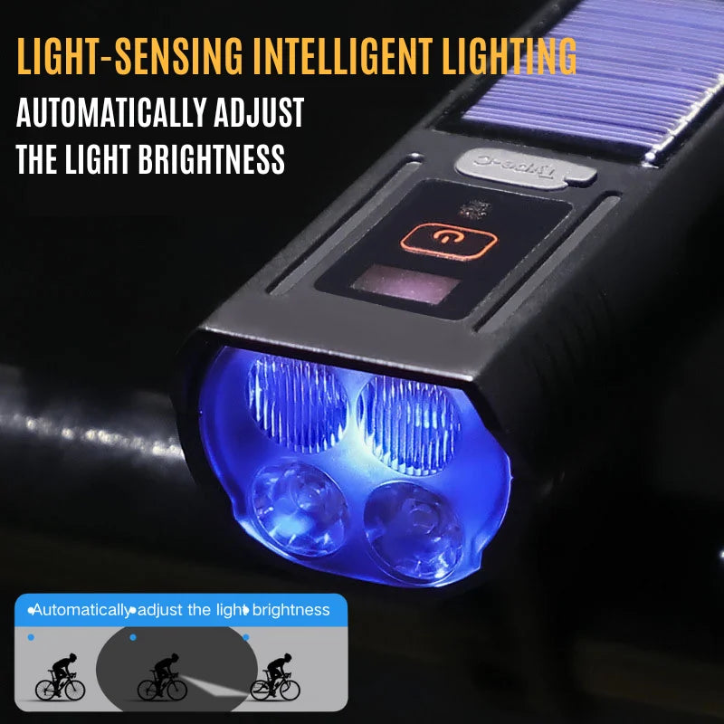 Solar Bike Headlight with Horn – Smart Sensing & Type-C