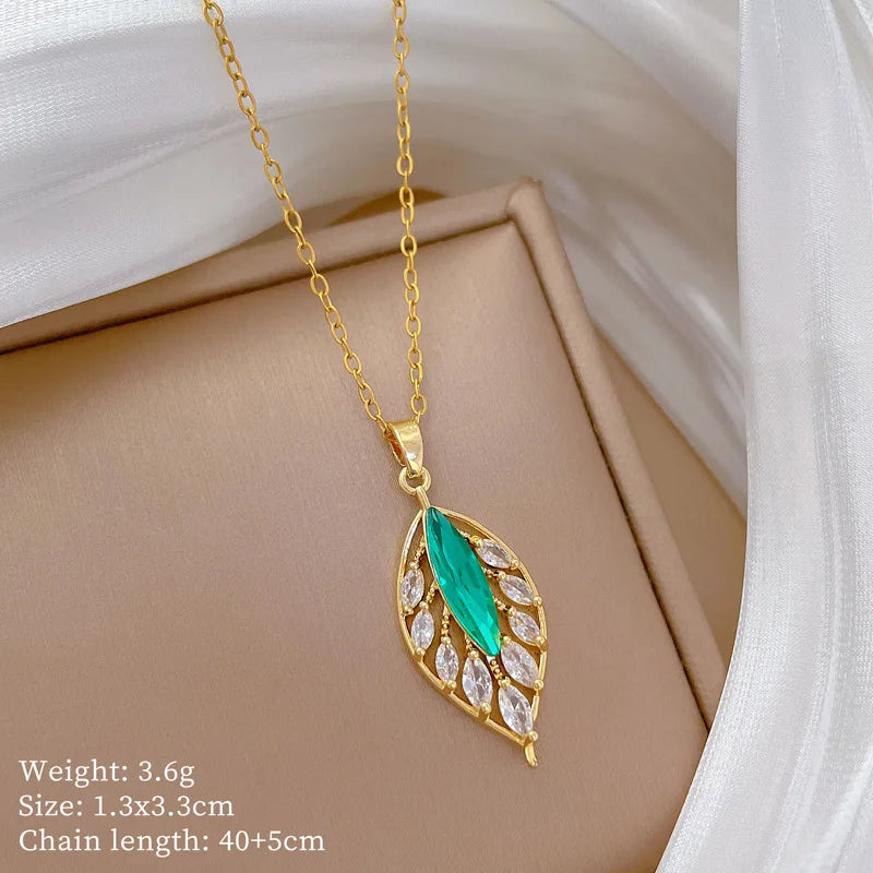Blue Leaf Pendant Necklace – Gold Stainless Steel Clavicle Chain Pendant Necklace Nixie XL2606-888