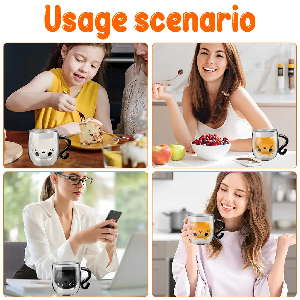 Cute Cat Double-Wall Glass Mug with Handle | 250–300ml Glass Coffee Mug Nixie