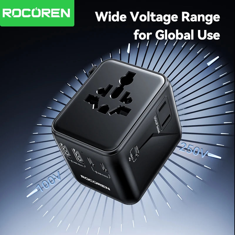 Rocoren Universal Travel Adapter GaN Fast Charging USB-C USB-A Travel Adapter Charger Nixie
