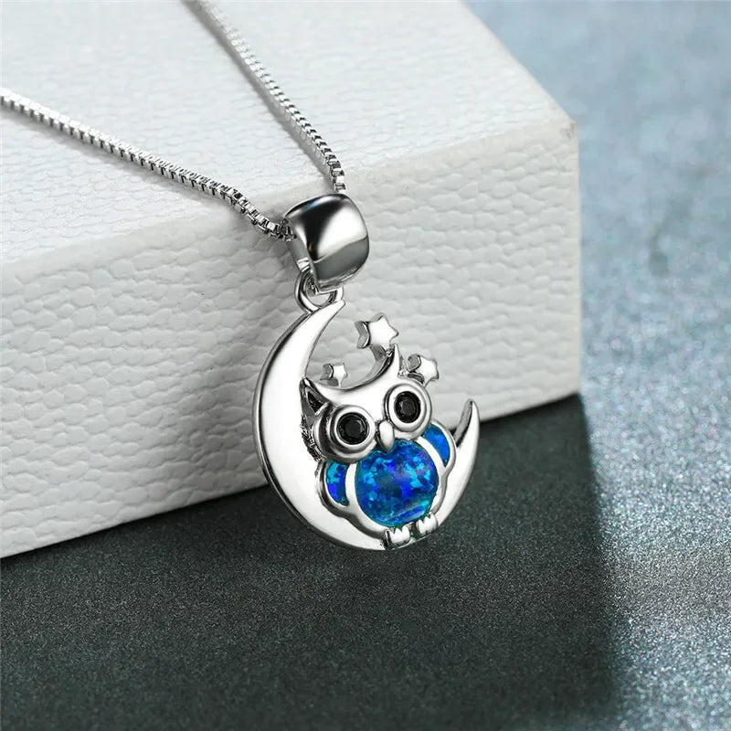Dainty Owl Blue Simulated Opal Silver Moon Necklace Fashion Necklace Nixie Blue