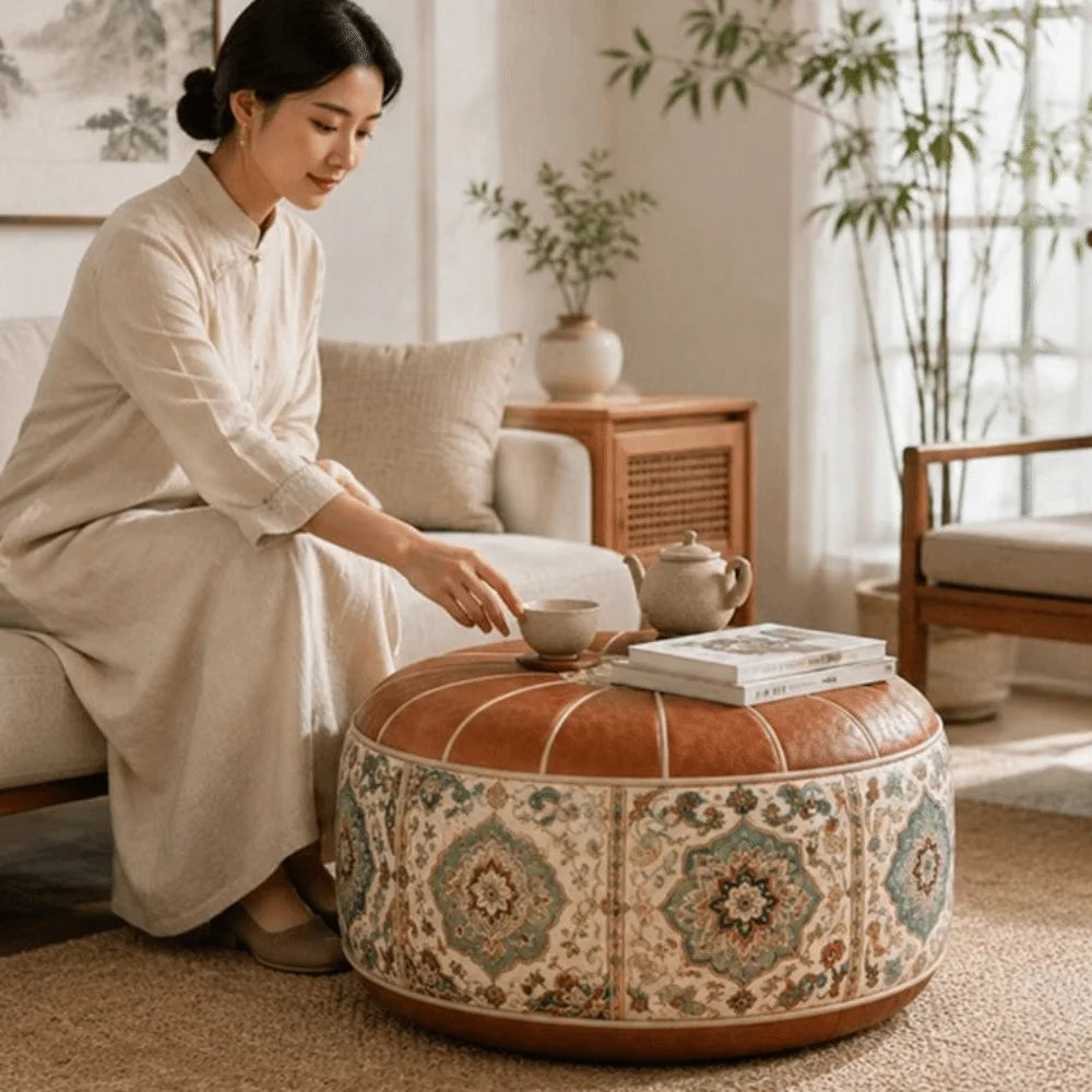 Boho Round PU Leather Ottoman Pouf Cover – Fillable & Foldable Ottoman Pouf Cover Nixie