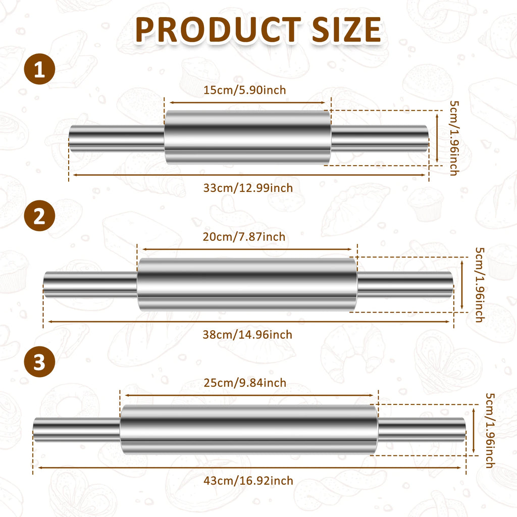 3-Piece Stainless Steel Rolling Pin Set – Nonstick & Ergonomic Baking Rolling Pin Nixie