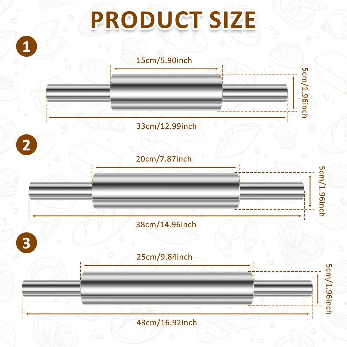 3-Piece Stainless Steel Rolling Pin Set – Nonstick & Ergonomic Baking Rolling Pin Nixie