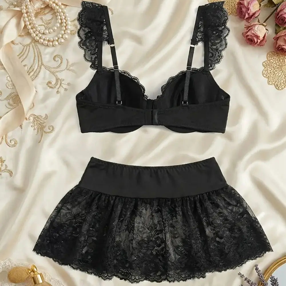 Lace Lingerie Set – Sheer Backless Mini Skirt & Bra Pajama Set Lace Lingerie Set Nixie