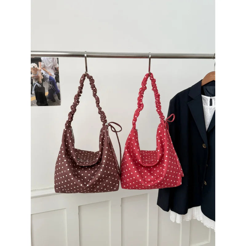 Korean Style Red Polka Dot Canvas Tote Bag | Large Shoulder Bag Canvas Tote Bag Nixie