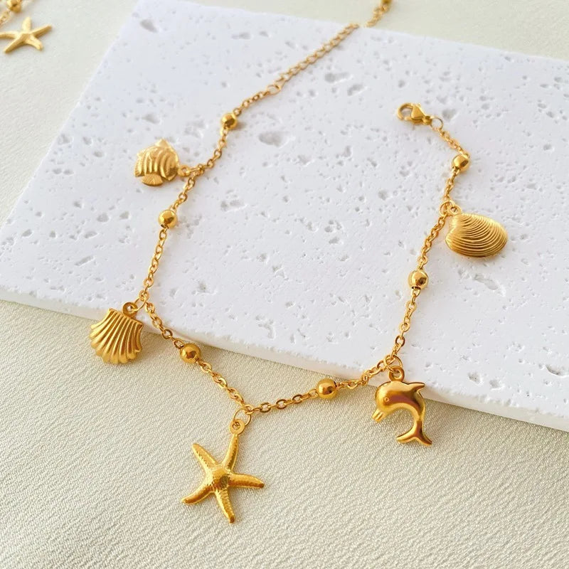Ocean Style Stainless Steel Anklet – Starfish & Dolphin Charms