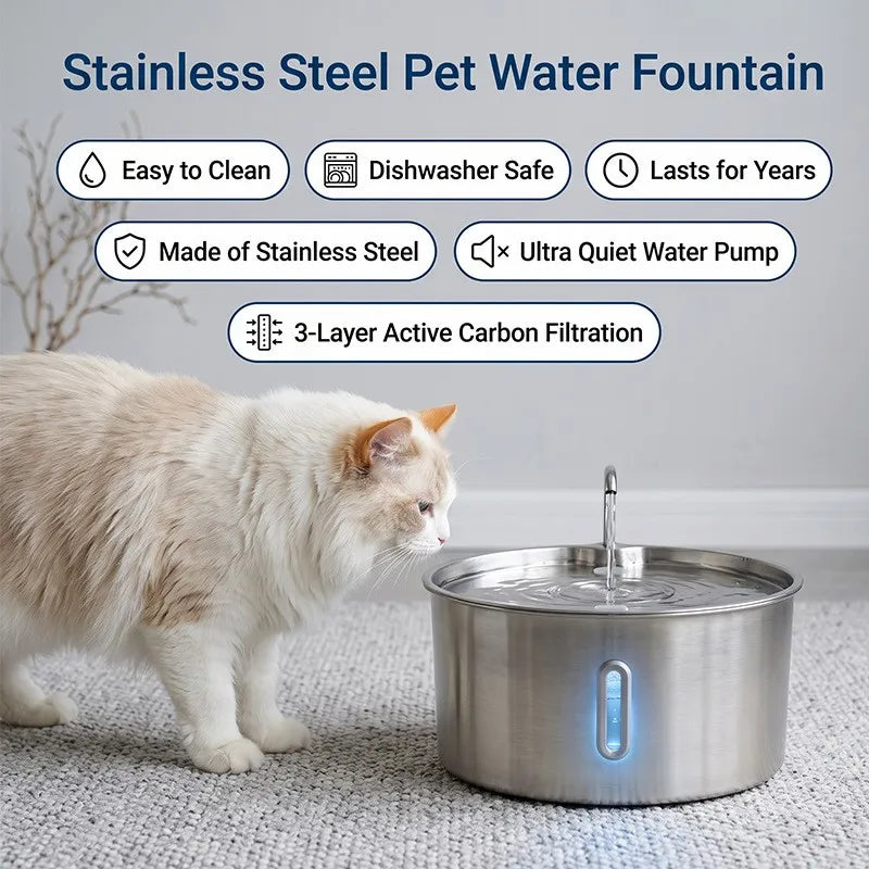 7L Stainless Steel Pet Water Fountain – Quiet Auto Dispenser Pet Water Fountain Nixie