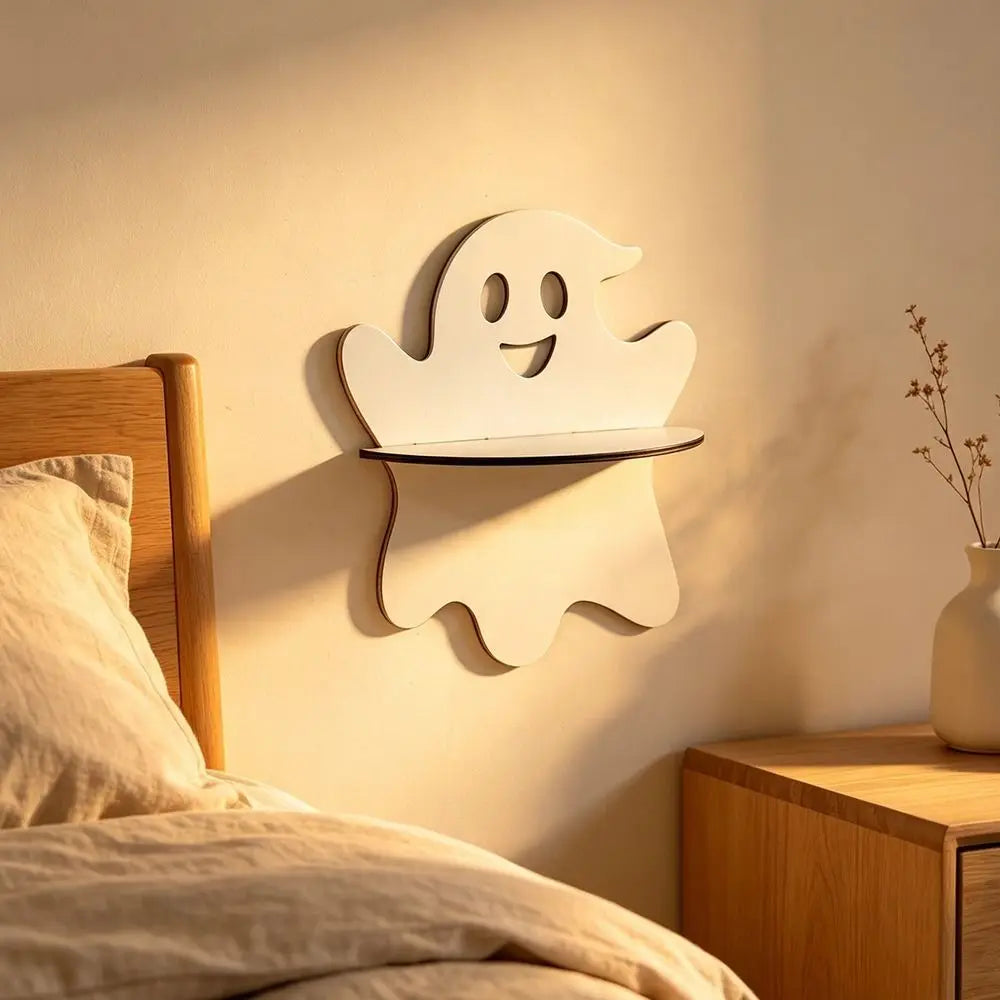 Halloween Floating Wall Shelf – Gothic Ghost & Bat Wood Décor