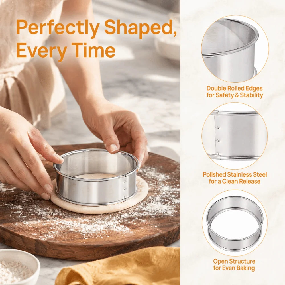 6-Piece Stainless Steel Crumpet Rings – Open Bottom Baking Molds
