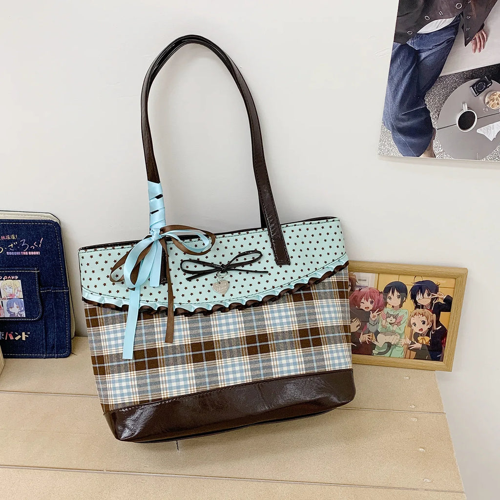 Korean Retro Plaid Tote Bag – Women's Shoulder & Underarm Bag Shoulder Tote Bag Nixie BB-614-Green Extra Large
