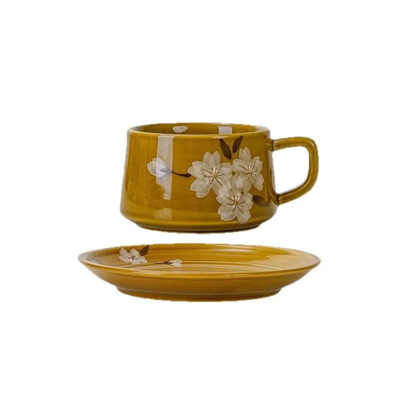Japanese Retro Floral Ceramic Coffee Cup & Saucer Set Ceramic Coffee Mug Set Nixie