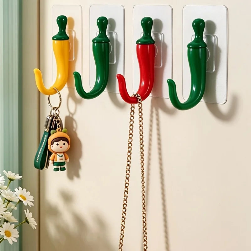 Chili Pepper Wall Hooks Self-Adhesive No-Drill 4pcs Decor Decorative Wall Hooks Nixie