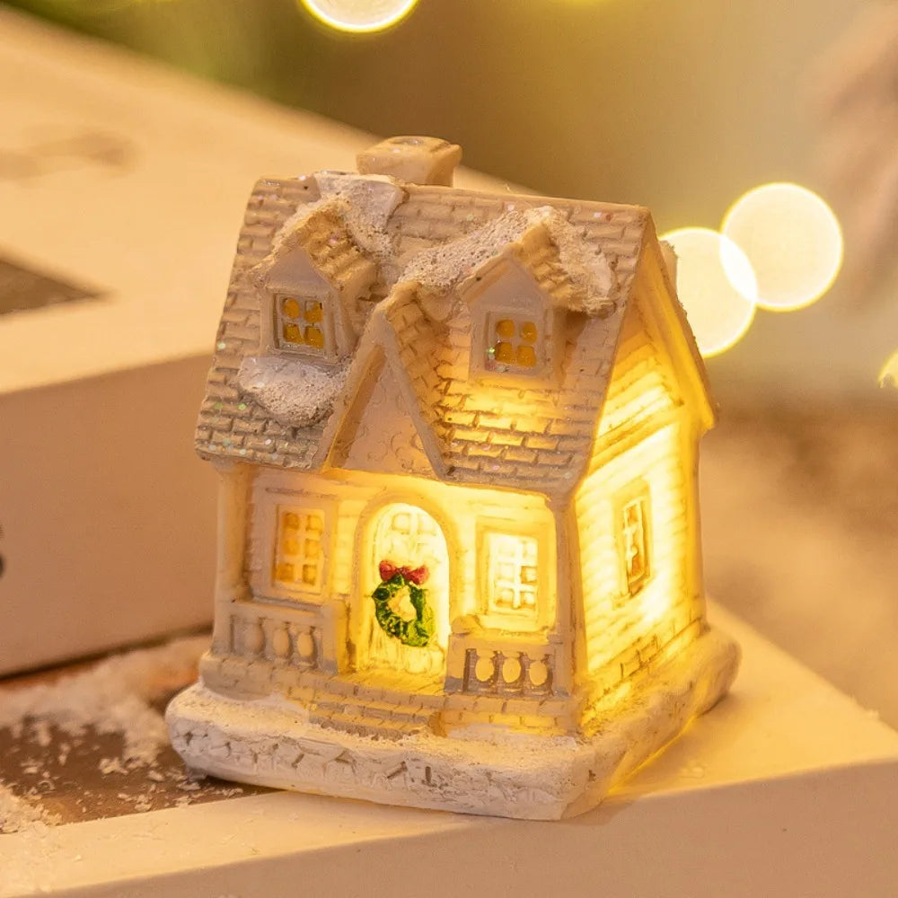 LED Miniature Christmas Village House Resin Ornament Decor Christmas Village Ornament Nixie White-White C