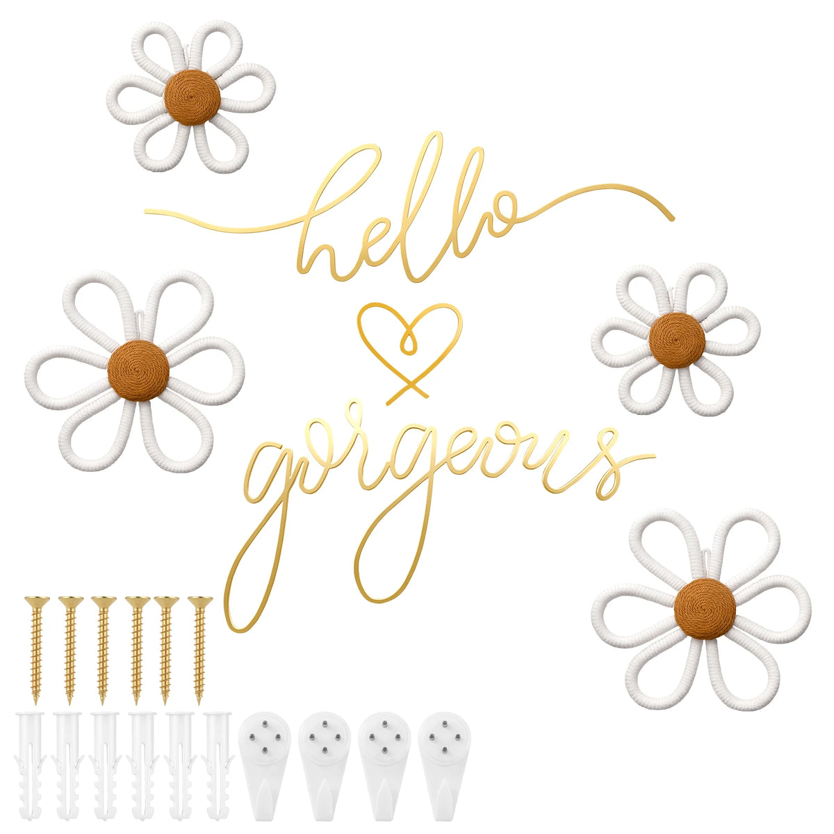 Boho Wall Decor Set – Metal Wire Signs, Heart & Daisy Ornaments