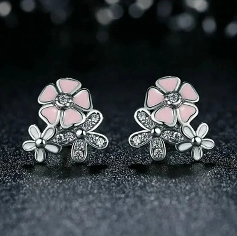 Floral Daisy Stud Earrings – Pink Crystal Rhinestone Zinc Alloy Stud Earrings Nixie