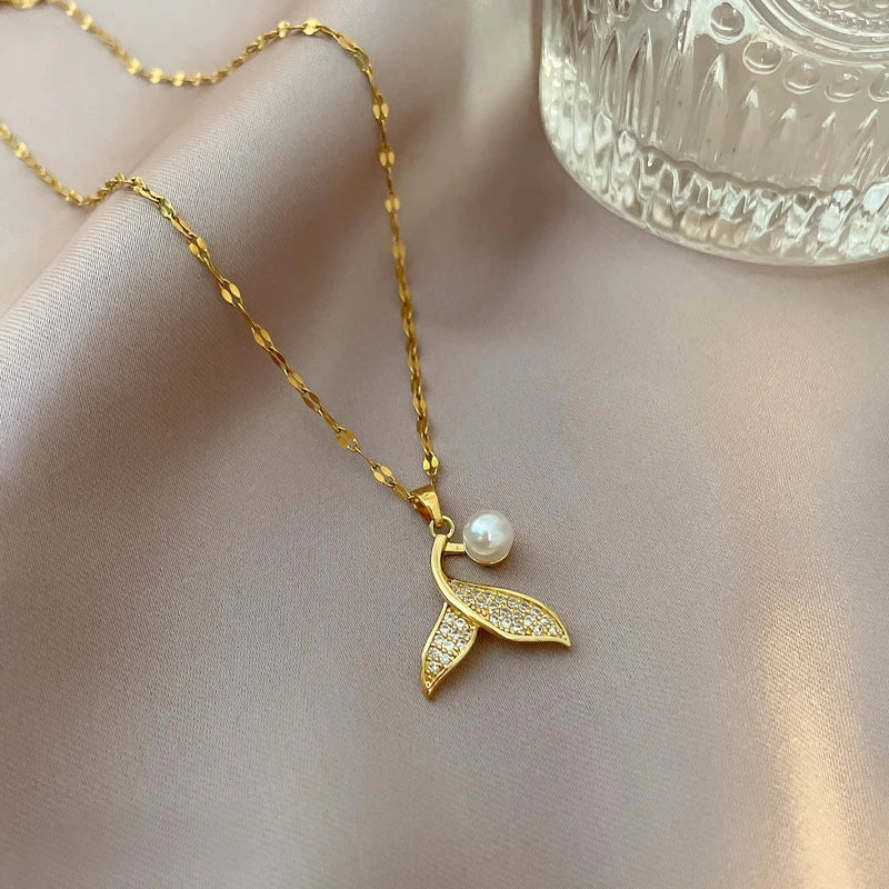 Mermaid Tail Pendant Necklace | Gold Stainless Steel Clavicle Chain Pendant Necklace Nixie