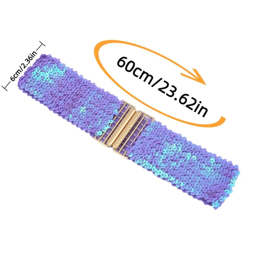 Women's Elastic Sequin Stretch Belt Gold Buckle – 60cm Sequin Stretch Belt Nixie