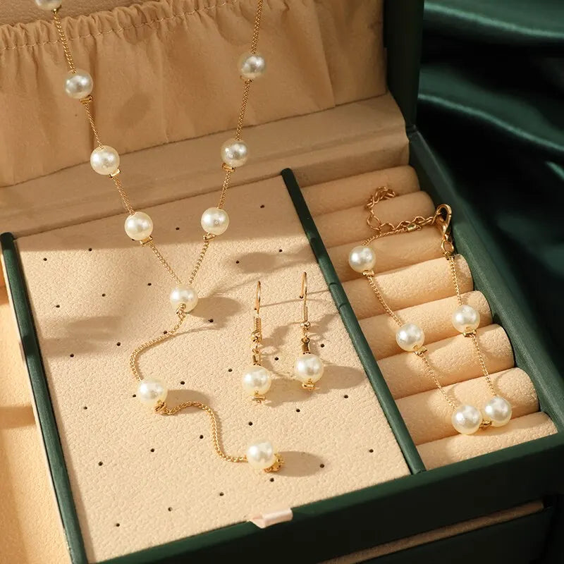 4-Piece Gold Pearl Tassel Jewelry Set – Necklace, Earrings & Bracelet Fashion Jewelry Set Nixie