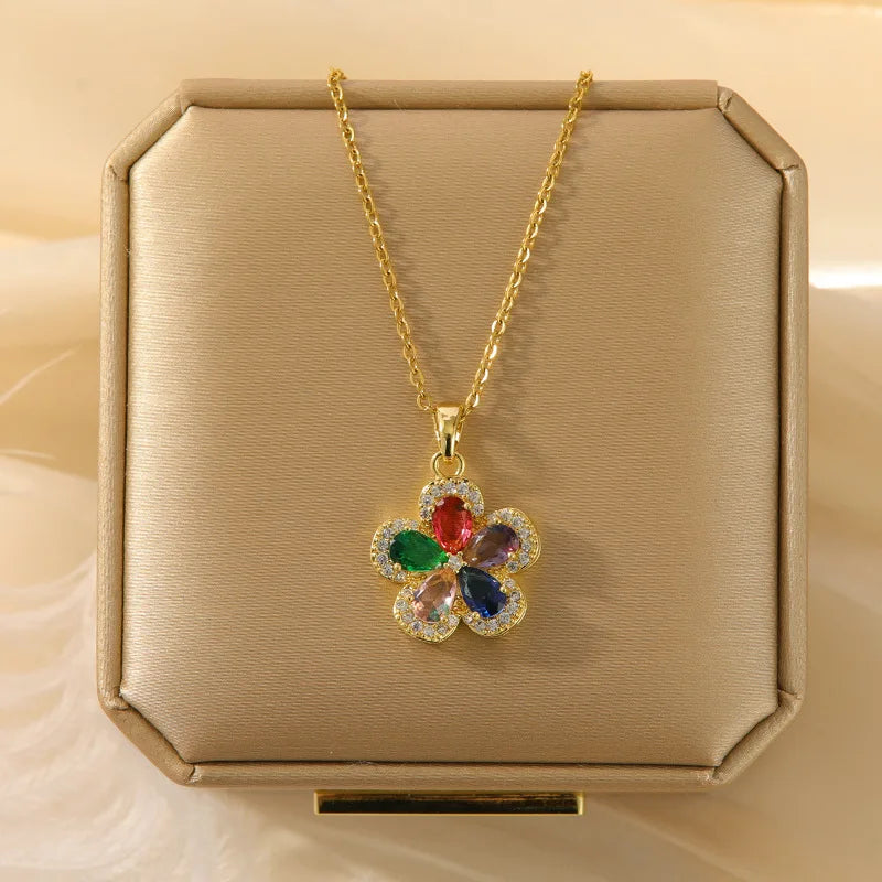 Rainbow Flower Pendant Necklace | Gold Stainless Steel Choker Pendant Necklace Nixie