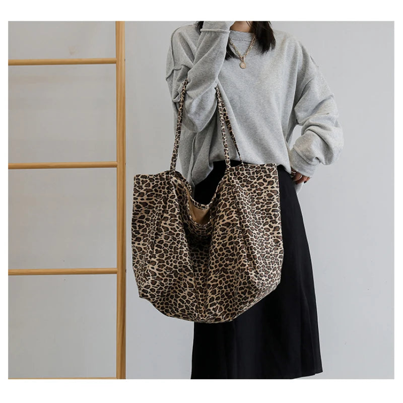 Women's Leopard Print Canvas Tote Large Shoulder Bag Canvas Tote Bag Nixie