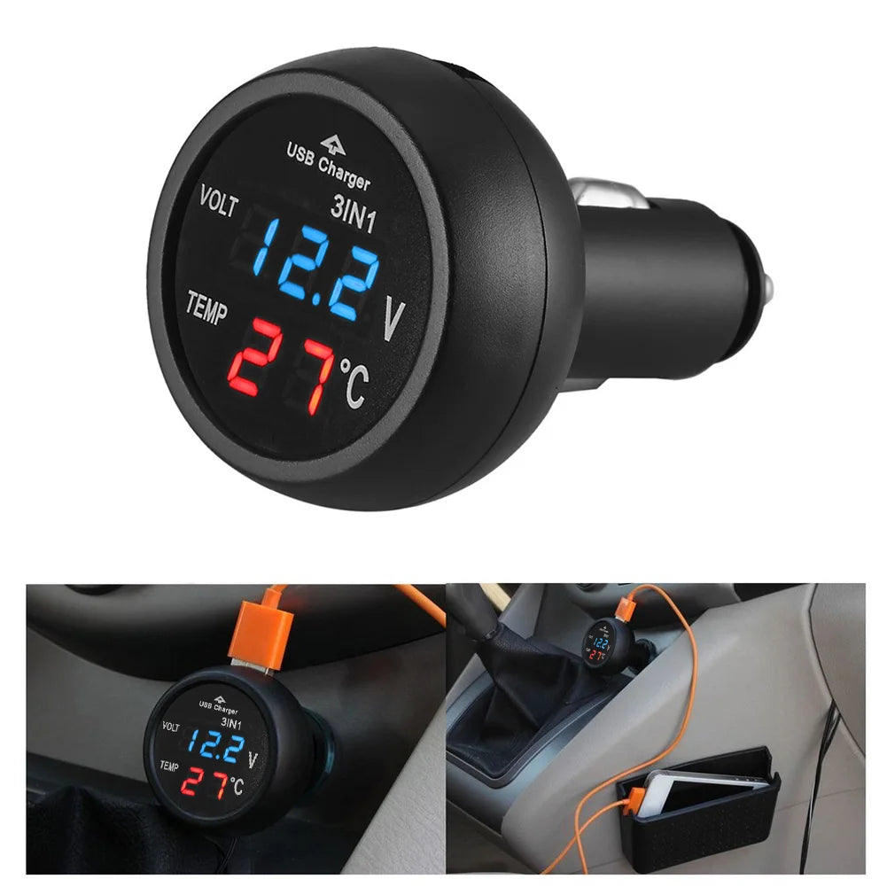 3-in-1 Car Voltmeter Thermometer USB Charger 12/24V LED Car Voltmeter Gauge Nixie