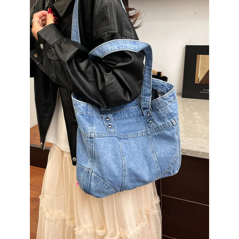 Retro Washed Denim Large-Capacity Shoulder Tote Bag | Women Denim Shoulder Tote Nixie