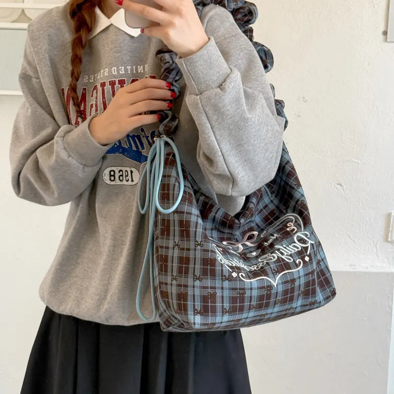 Korean Retro Plaid Canvas Tote Bag – Large Women's Shoulder Bag Canvas Tote Bag Nixie