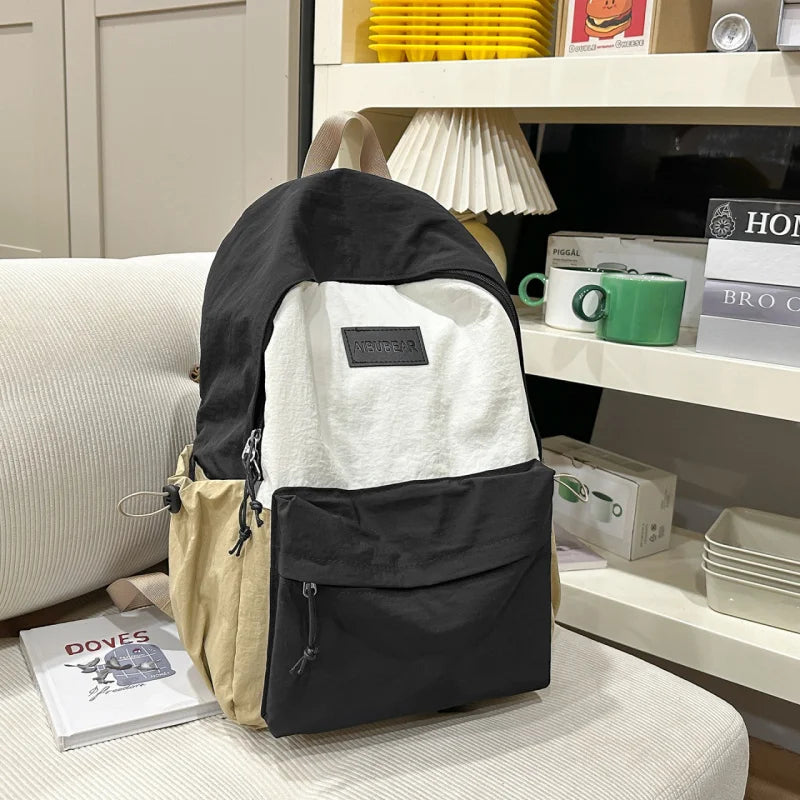 Color-Block Nylon Backpack – Large Capacity School Bag for Women